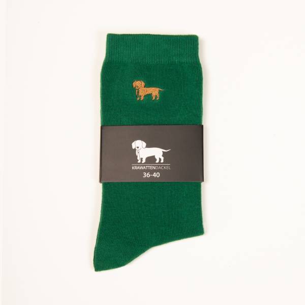Grüne Socken mit gesticktem Dackelmotiv